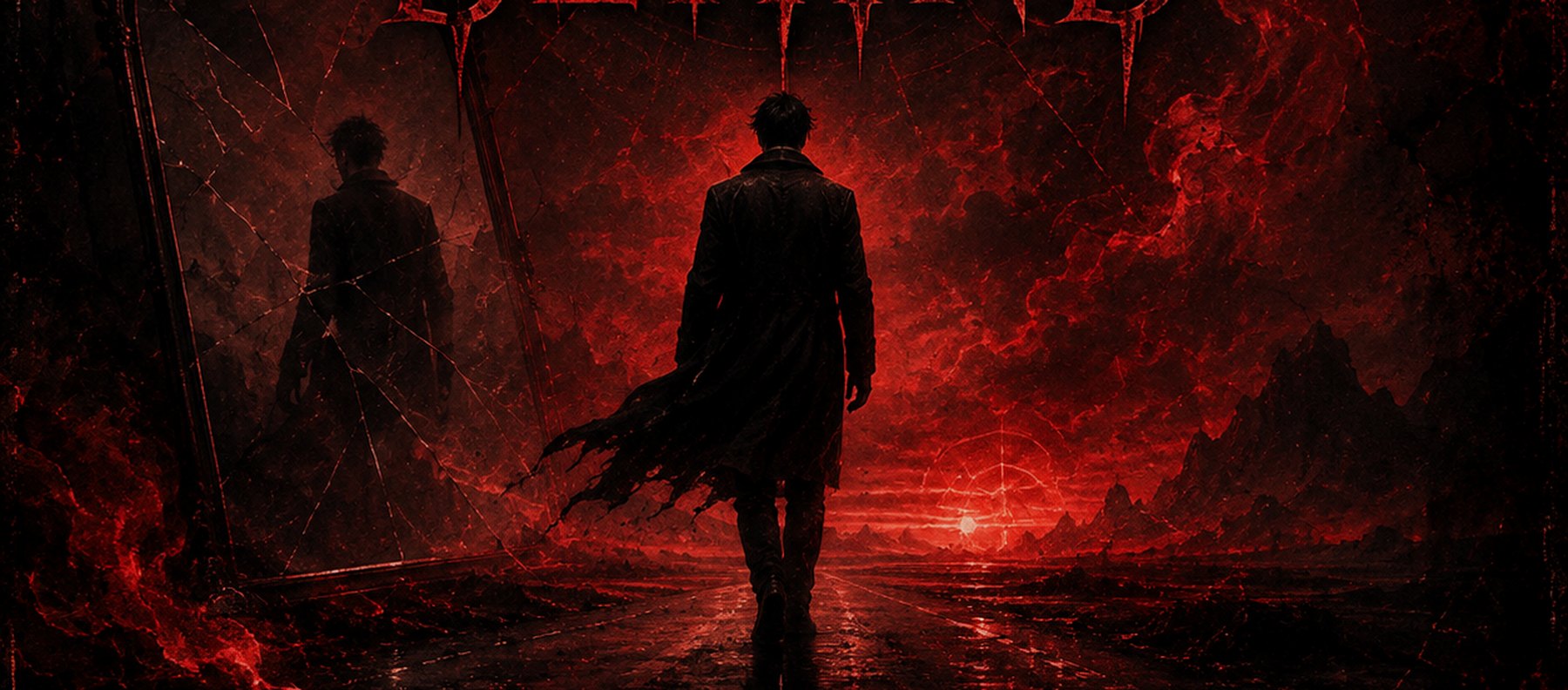 NORTH OF SILENCE — a man walks toward a red horizon, leaving a shattered mirror behind